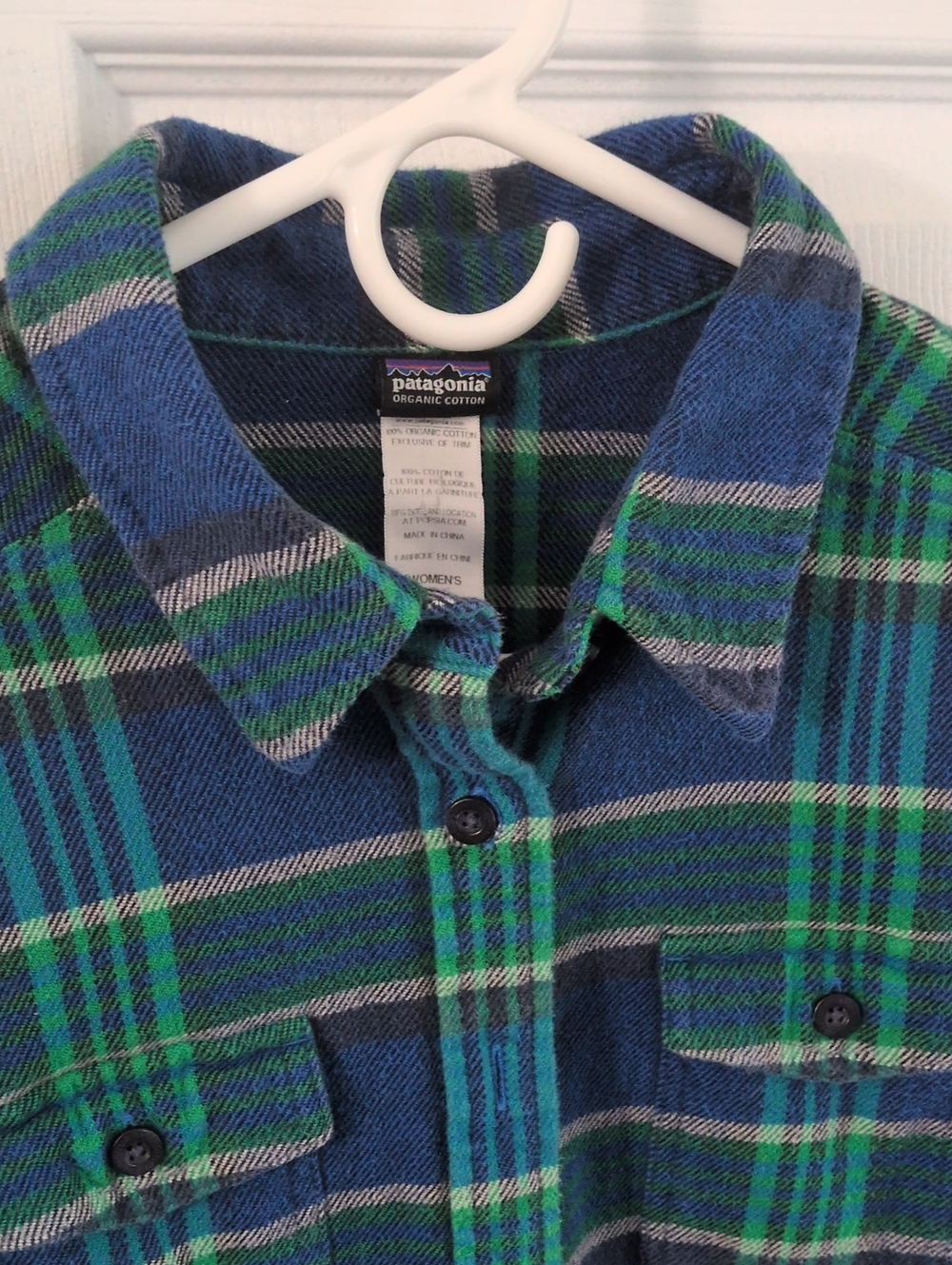 Patagonia Blue & Green Plaid 100% Organic Cotton Women's Flannel Shirt